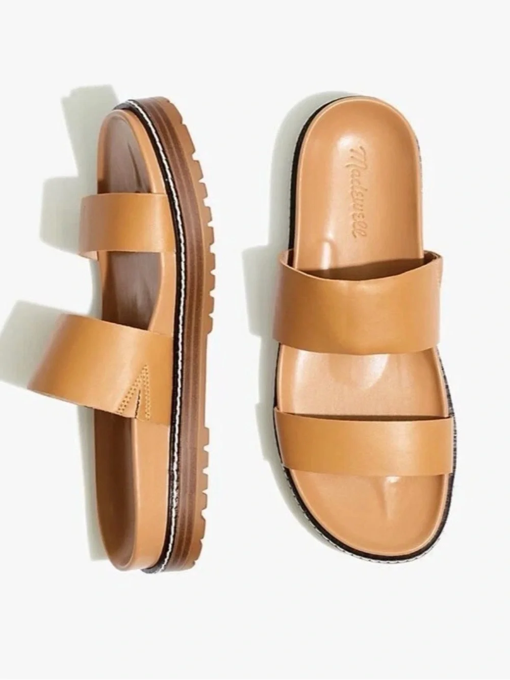 Madewell The Charley Double-Strap Camel Brown Leather Slide Sandals Size: 8.5